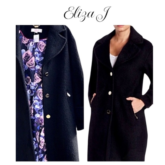 NWT Eliza J Stylish Black Wool Blend Coat with Floral Lining Size 4 - Picture 1 of 15